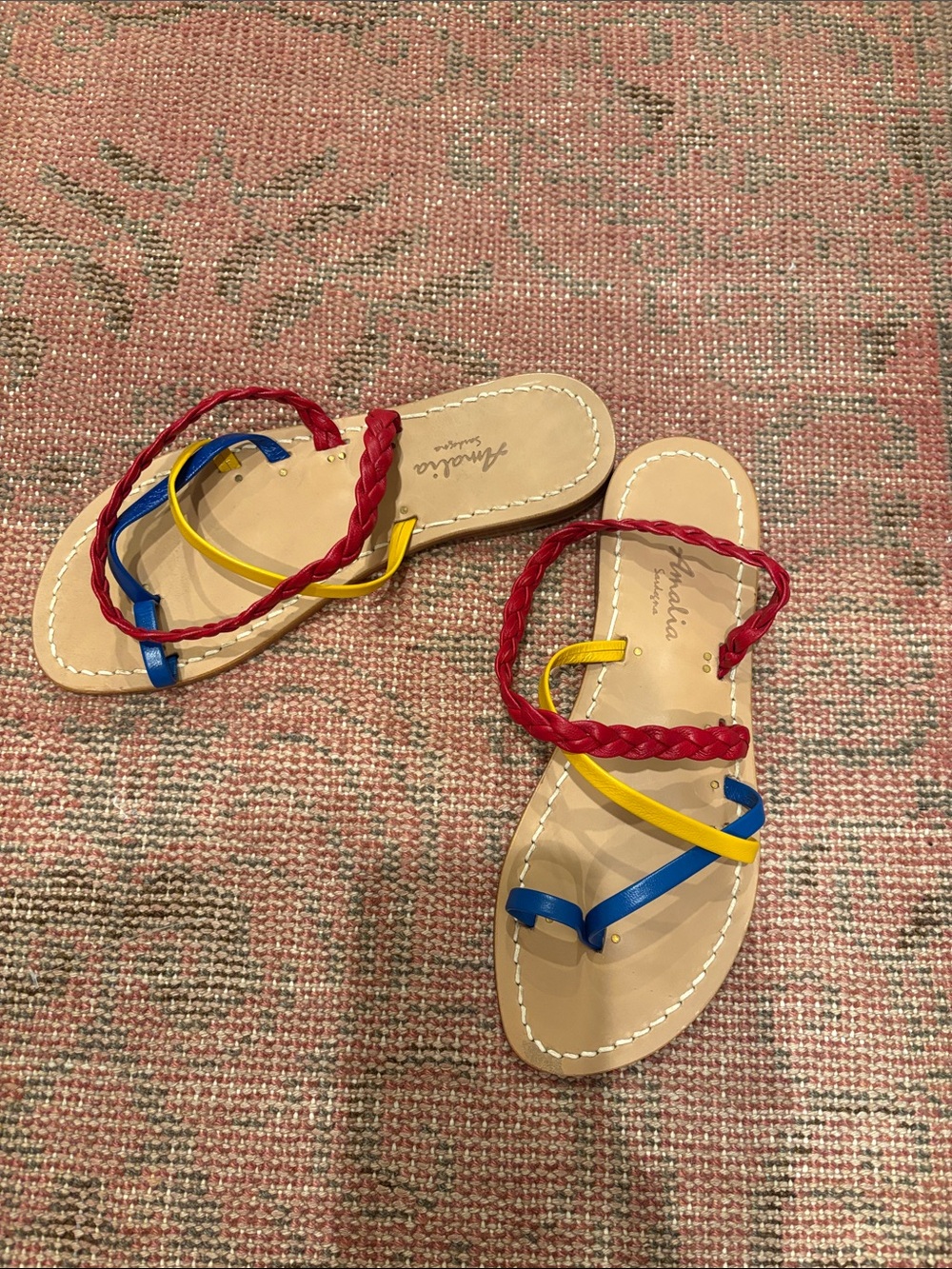 Braided Multicolor Strappy Flat Sandals - Red/Yellow/Blue